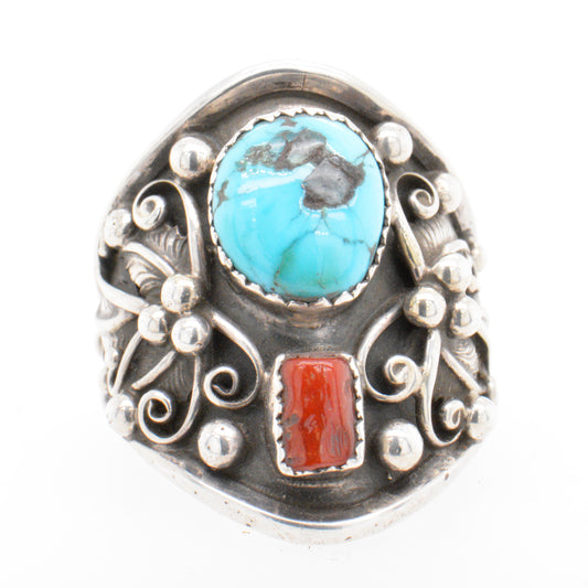 925 Silver Blue Turquoise and Coral Ring