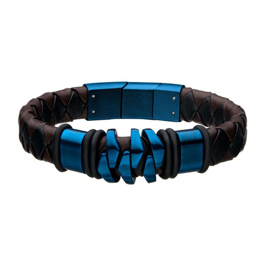 Steel & Blue IP Brown Leather Bohemian Bracelet