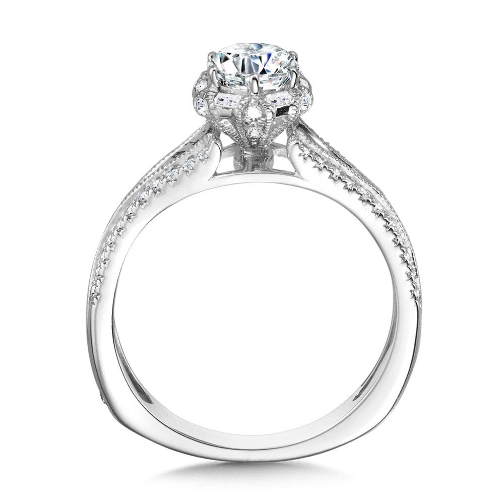 14K White Gold Six-Prong Milgrain-Beaded Split Shank Baguette Halo Engagement Ring