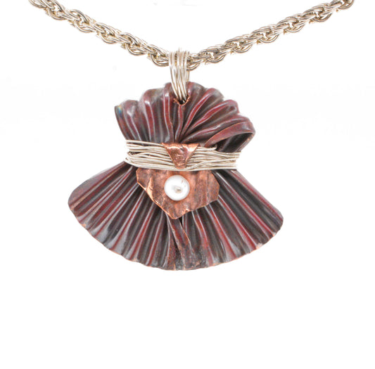 Heat Petina'd Copper Pendant With Sterling Silver Wire And Cultured Pearl