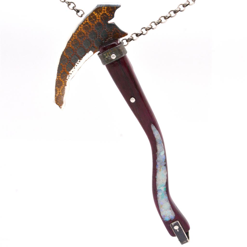 Handmade 999 Fine Silver, Wood, and Opal Scythe Pendant