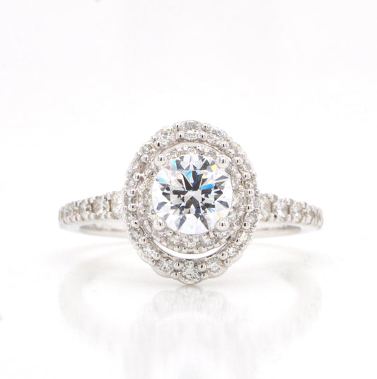 14K White Gold Diamond Engagement Ring with A Double Halo