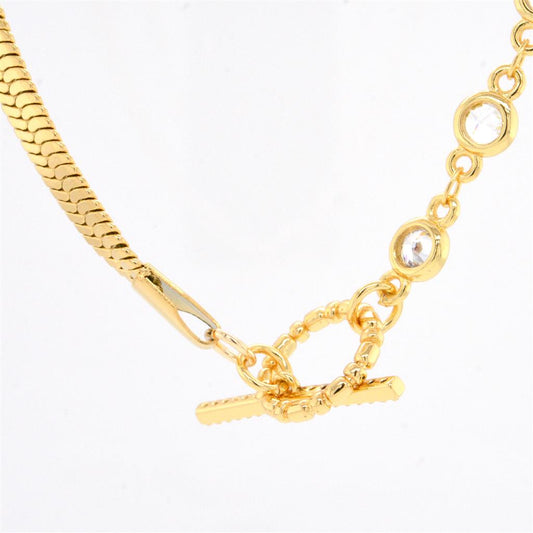 Gold Plated Half Herringbone, Half CZ Chain Necklace with a Toggle Clasp