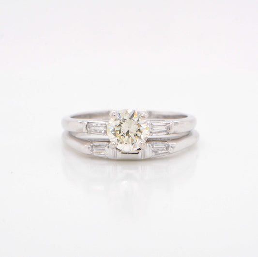14K White Gold Round Diamond Ring with Baguette Diamonds