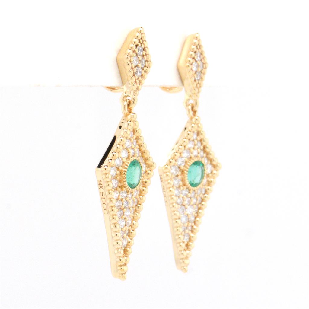 Yellow Gold Diamond and Emerald Vintage Style Earrings