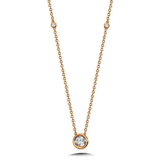 14K Rose Gold Bezel Set Round Stationary Diamond Necklace