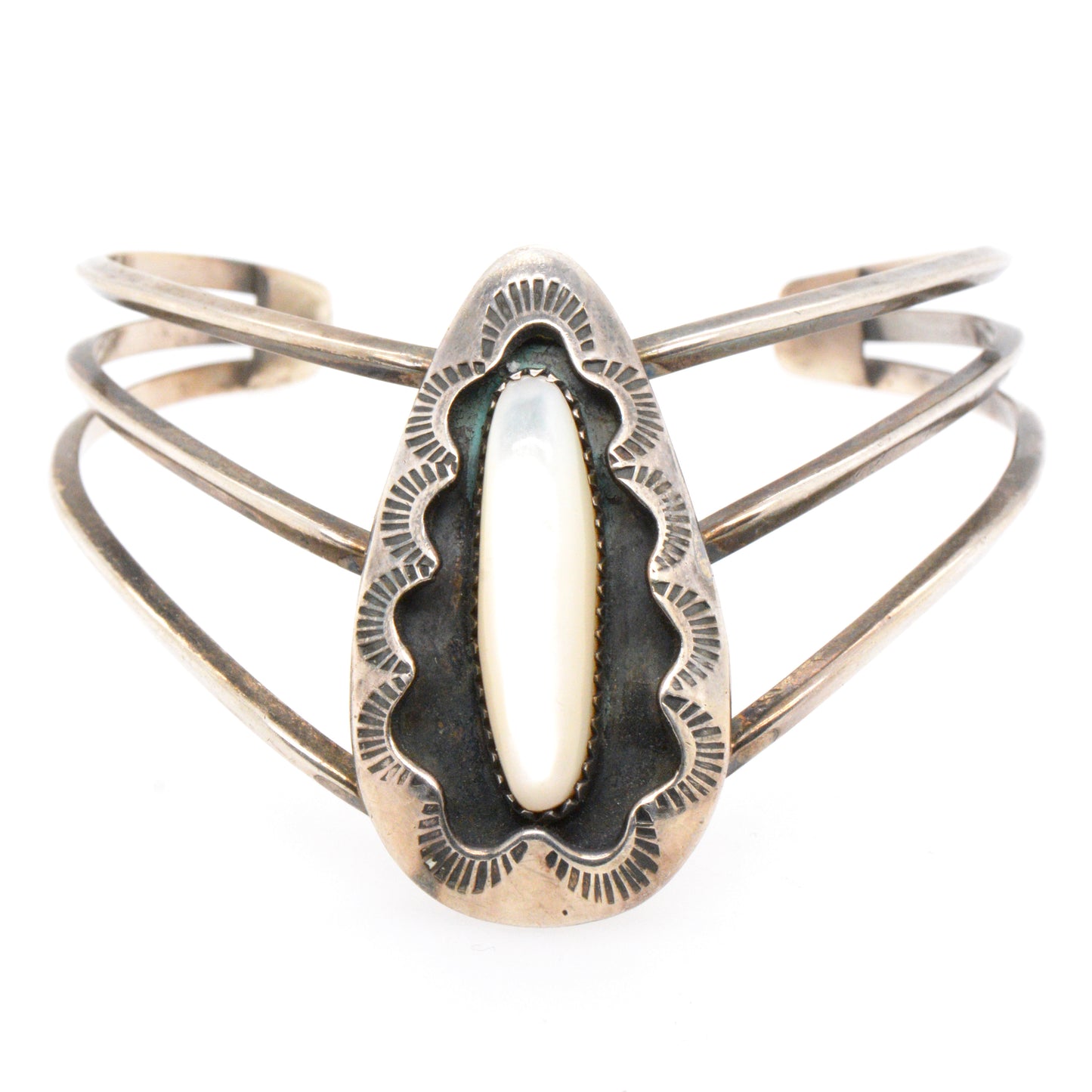 Silver Cuff Bracelet with a Long Oval Mother of Pearl