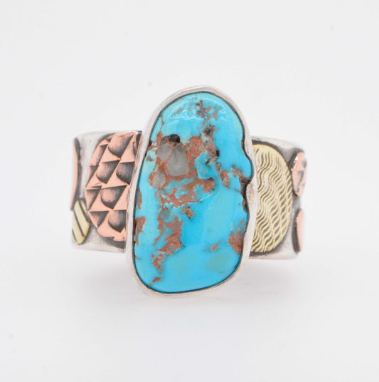 Three-Tone Fancy Shouldered Ring With Sleeping Beauty Turquoise