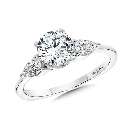 14K White Gold Three-Stone Pear-Accented Diamond Solitaire Engagement Ring with Chevron Collar