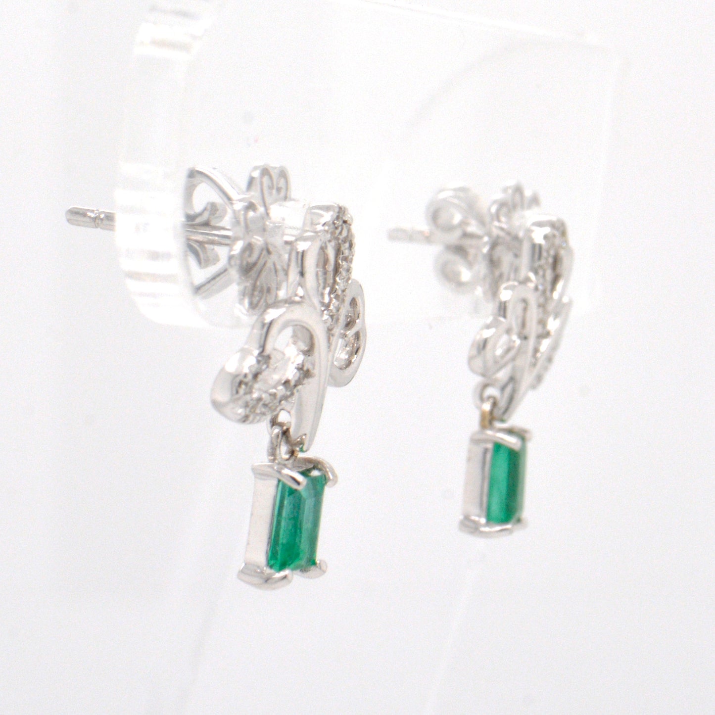14K White Gold Diamond and Emerald Dangle Earrings