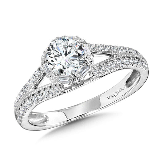 14K White Gold Six-Prong Milgrain-Beaded Split Shank Baguette Halo Engagement Ring