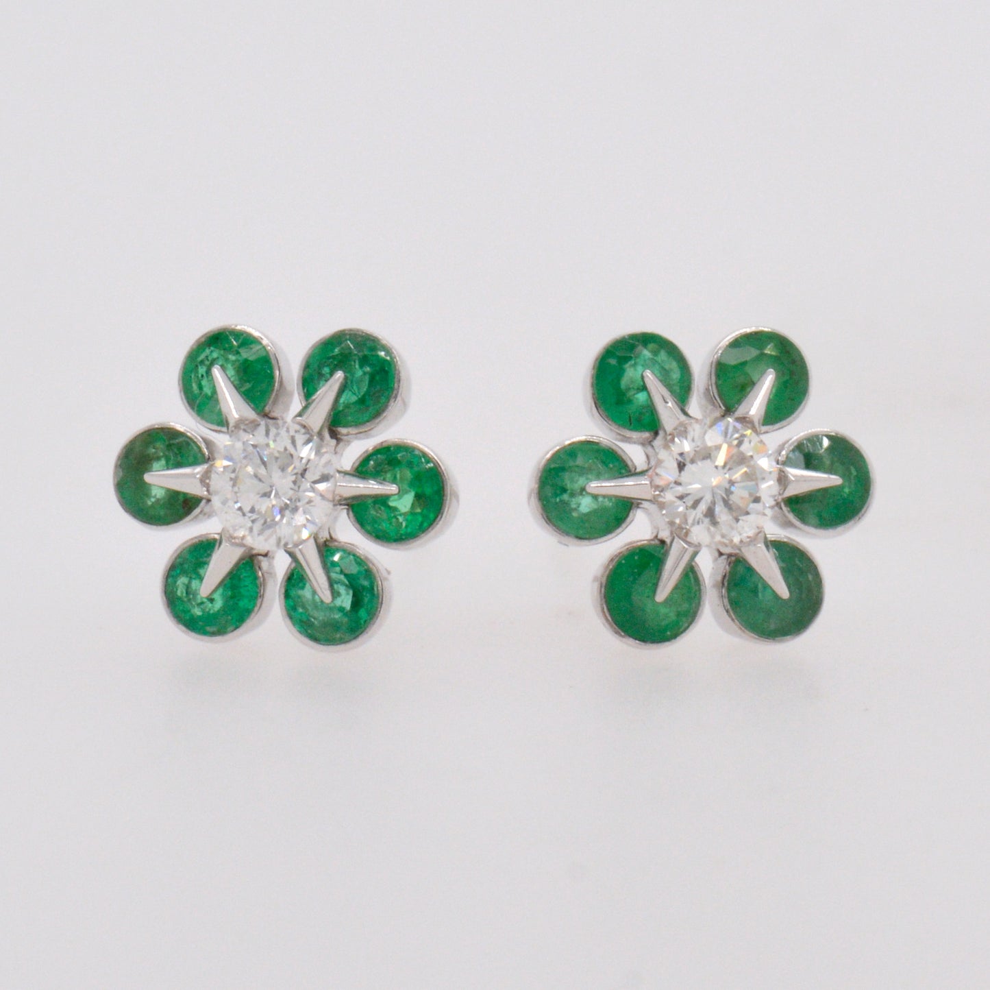 14K White Gold Diamond Emerald Flower Stud Earrings